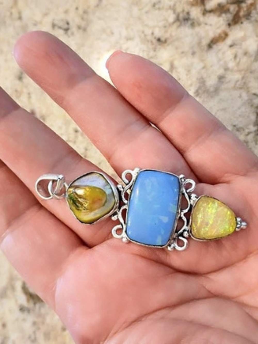 Opal Pendant in Bright Blue & Yellow W Real Blister Pearl